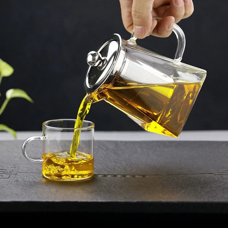 High Borosilicate Glass Teapot Kung Fu Tea Set Stainless Steel Brewing Teapot with Filter Heat-Resistant Glass Pot Square