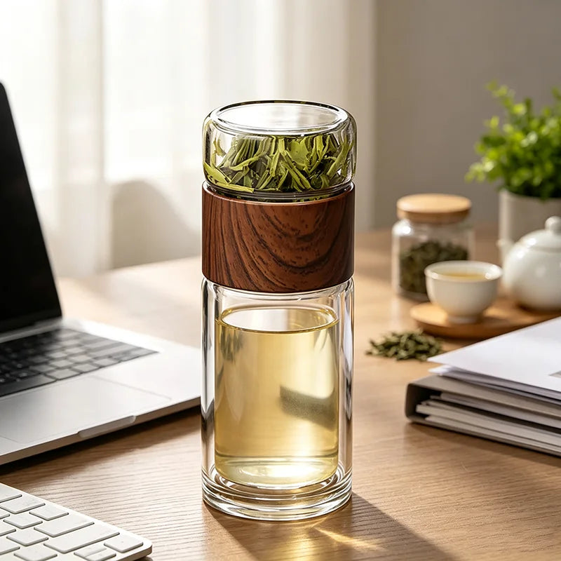 High Quality Double Glass Water Bottle with Case Tea Drink Bottle Infuser Tumbler Eco-Friendly Drinkware