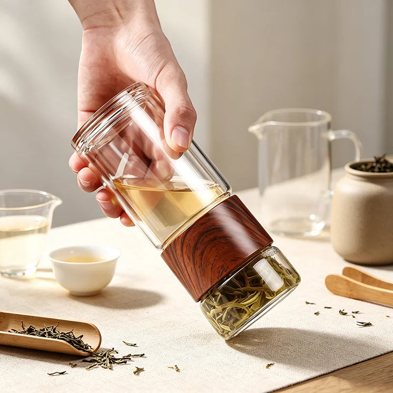 High Quality Double Glass Water Bottle with Case Tea Drink Bottle Infuser Tumbler Eco-Friendly Drinkware