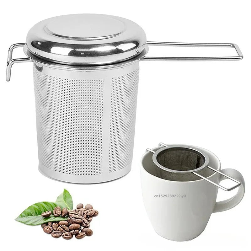 1Pc Stainless Steel Tea Filter Loose Tea Drainer with Lid Handle Anti-Scald Multi-Purpose Tea Strainer Fine Mesh Coffee Filter