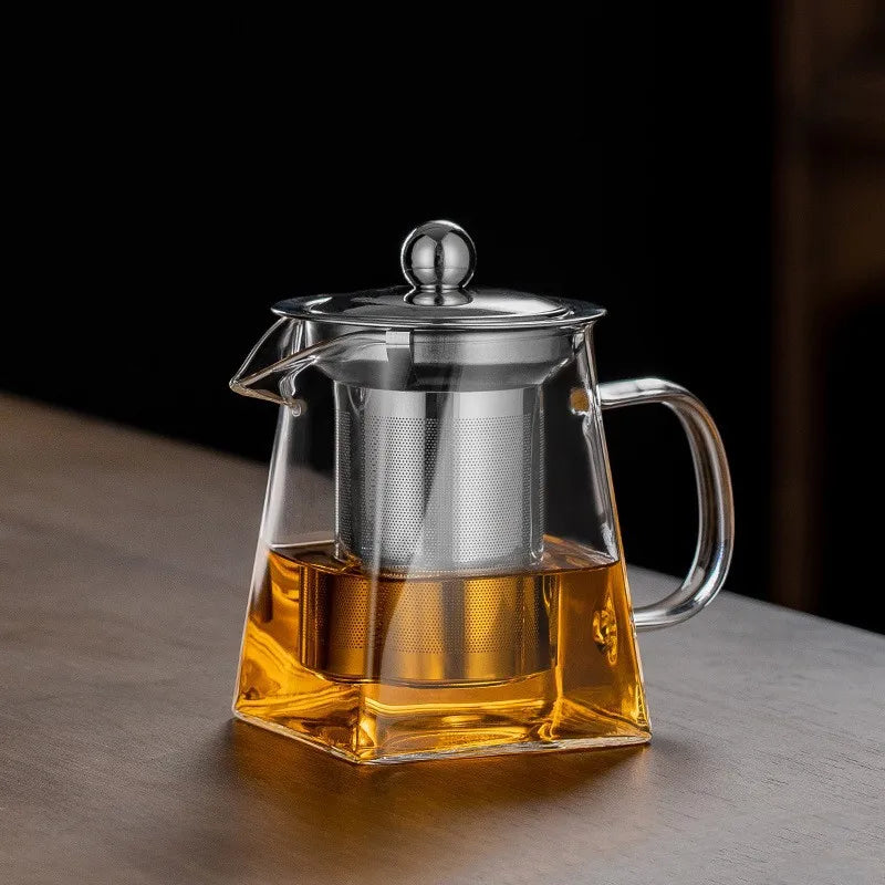 High Borosilicate Glass Teapot Kung Fu Tea Set Stainless Steel Brewing Teapot with Filter Heat-Resistant Glass Pot Square