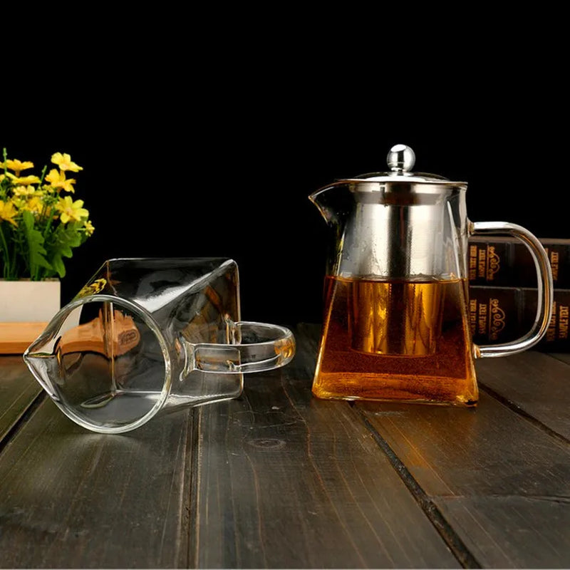 High Borosilicate Glass Teapot Kung Fu Tea Set Stainless Steel Brewing Teapot with Filter Heat-Resistant Glass Pot Square