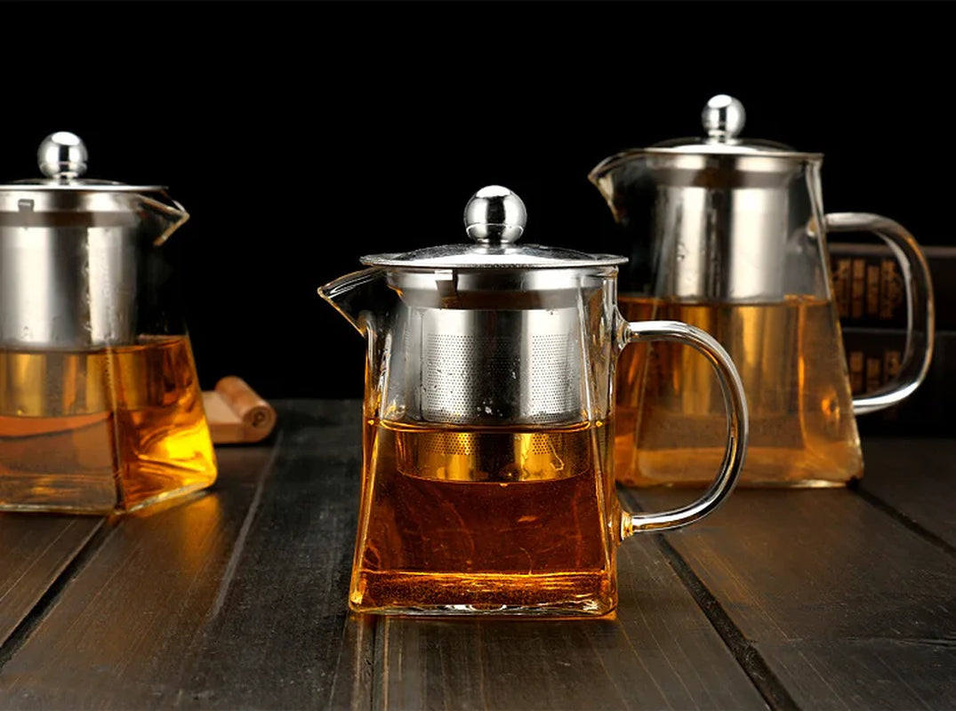 High Borosilicate Glass Teapot Kung Fu Tea Set Stainless Steel Brewing Teapot with Filter Heat-Resistant Glass Pot Square