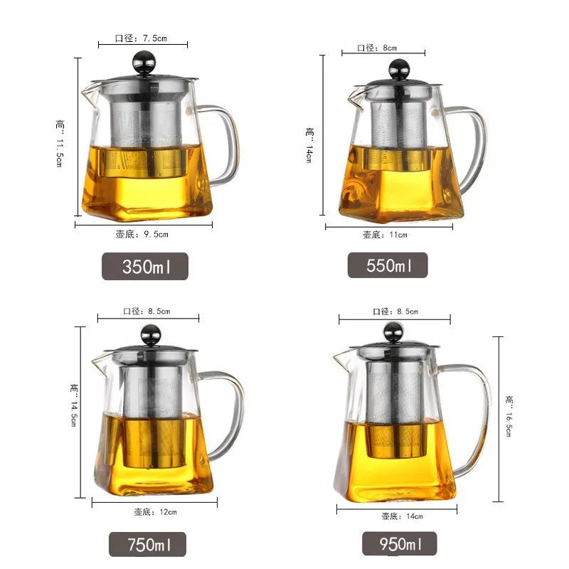 High Borosilicate Glass Teapot Kung Fu Tea Set Stainless Steel Brewing Teapot with Filter Heat-Resistant Glass Pot Square