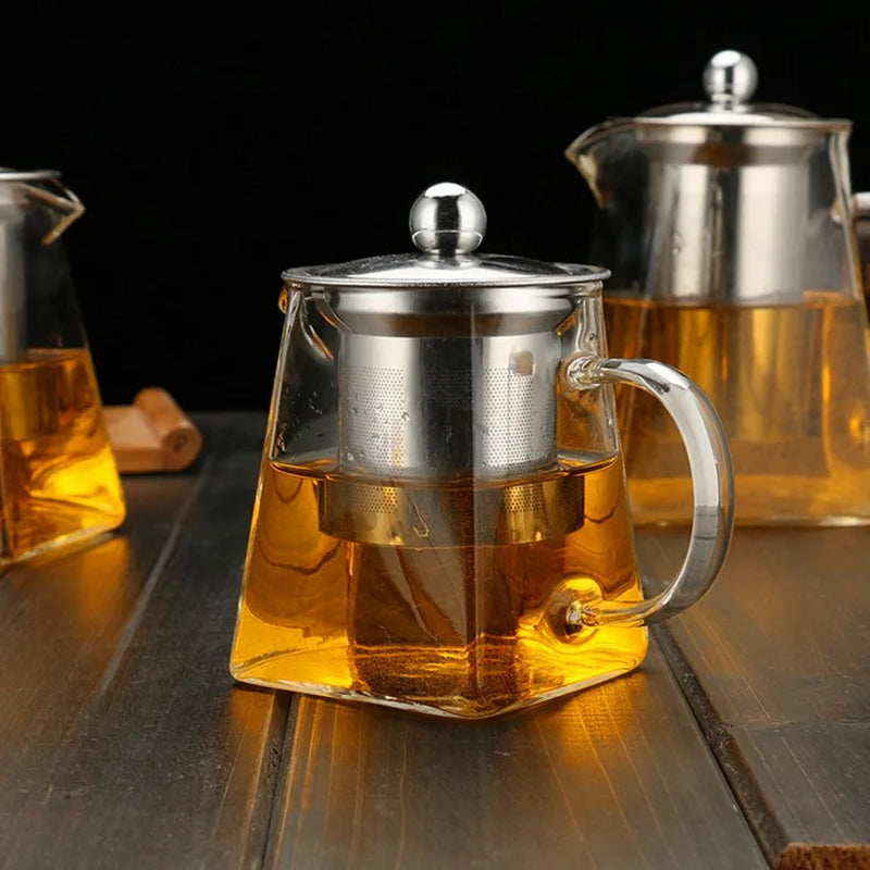 High Borosilicate Glass Teapot Kung Fu Tea Set Stainless Steel Brewing Teapot with Filter Heat-Resistant Glass Pot Square